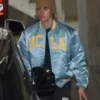 Justin Bieber satin bomber jacket for men with premium glossy finish and ribbed cuffs