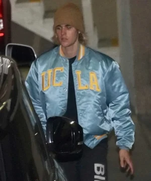 Justin Bieber satin bomber jacket for men with premium glossy finish and ribbed cuffs