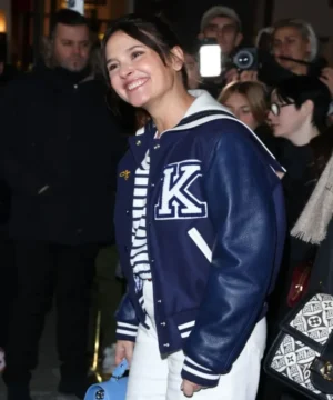 Blue varsity jacket inspired by Virginie Ledoyen with sleek silhouette, high-quality craftsmanship, and modern urban fashion appeal