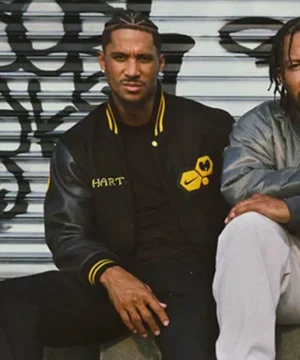 Wu-Tang Hart letterman jacket crafted in black with durable fabric, contrast detailing, and classic varsity design