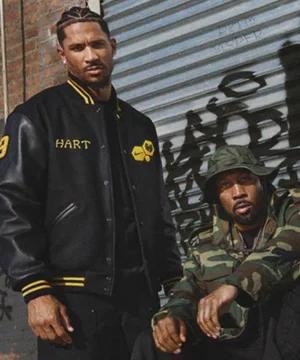 Wu-Tang Hart black varsity jacket featuring a classic letterman silhouette with premium materials and iconic hip-hop inspired style