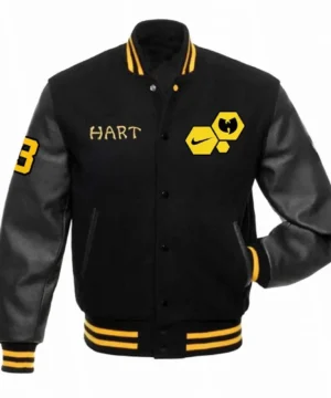 Black Wu-Tang Hart varsity jacket designed with traditional rib-knit trims, structured fit, and bold streetwear appeal