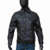 Men’s turn-down black leather jacket featuring a classic collar design, sleek fit, and timeless biker style