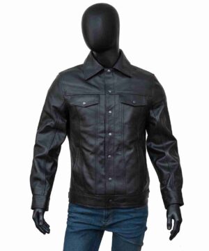 Men’s turn-down black leather jacket featuring a classic collar design, sleek fit, and timeless biker style