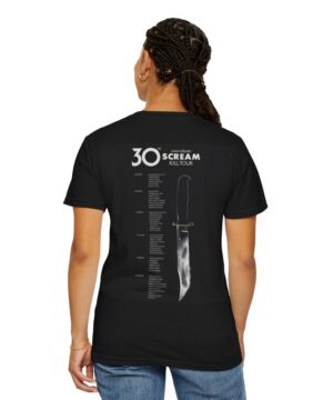 Unisex black Scream Kill Tour t-shirt celebrating the 30th anniversary with collectible horror merchandise appeal