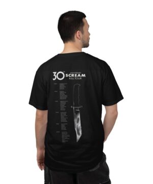 30th Anniversary Scream Kill Tour unisex black t-shirt featuring bold horror-inspired graphic and classic fan style