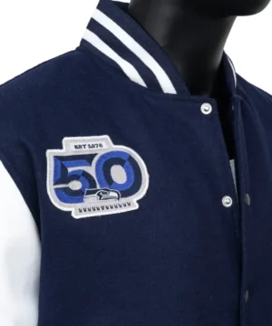Limited‑edition Seattle Seahawks 50th Season wool and leather jacket with iconic team branding