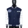 Seattle Seahawks 50th Season jacket in blue and white wool and leather varsity style celebrating franchise milestone