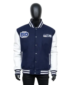 Seattle Seahawks 50th Season jacket in blue and white wool and leather varsity style celebrating franchise milestone
