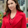 A Merry Scottish Christmas 2023 Lacey Chabert red coat featuring elegant wool design and classic holiday style