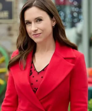 A Merry Scottish Christmas 2023 Lacey Chabert red coat featuring elegant wool design and classic holiday style
