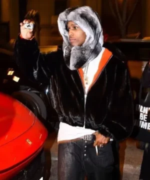 ASAP Rocky New York City black fur jacket featuring luxurious texture and bold high-fashion streetwear aesthetic