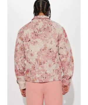 Celebrity‑inspired Trew The Star pink tapestry trucker jacket from American Idol S24 showcasing statement graphic pattern