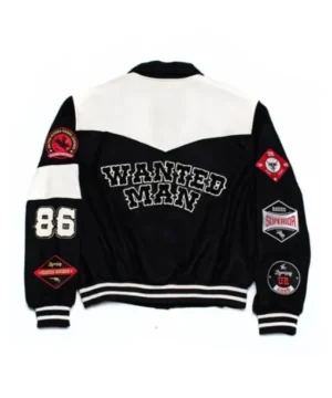 Celebrity-style Nicky Jam varsity jacket showcasing statement embroidery and contemporary casual look