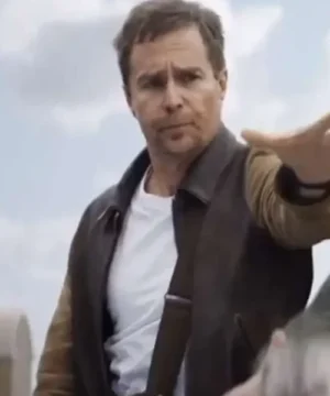 Sam Rockwell Argylle 2024 brown leather jacket featuring a sleek fit and movie-inspired fashion style