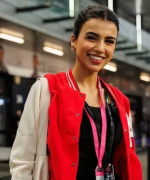 Jeddah E-Prix red varsity jacket designed with ribbed cuffs, snap-button front, and statement motorsport graphics