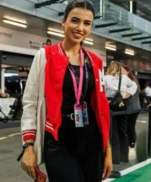 Ayatee Jeddah E-Prix red varsity jacket featuring bold racing-inspired design and premium embroidered detailing