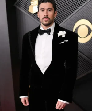Bad Bunny 68th GRAMMY Awards black blazer featuring bold red carpet style and modern celebrity tailoring