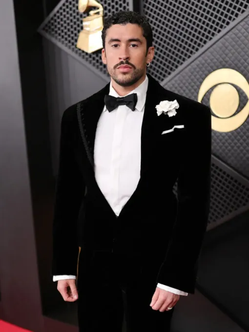 Bad Bunny 68th GRAMMY Awards black blazer featuring bold red carpet style and modern celebrity tailoring