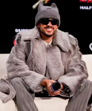 “Men’s and women’s grey faux fur coat inspired by Bad Bunny’s Super Bowl LX fashion moment, perfect for bold winter styling.”