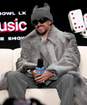 “Grey plush fur coat inspired by Bad Bunny’s Super Bowl 2026 Halftime Show ensemble with dramatic texture and statement outerwear style.”