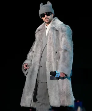 “Statement fur coat echoing Bad Bunny’s Super Bowl LX appearance with shaggy texture and eye‑catching performance fashion flair.”