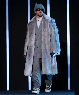 “Bad Bunny Super Bowl LX halftime show fur coat with oversized grey faux fur design inspired by the artist’s iconic performance look.”