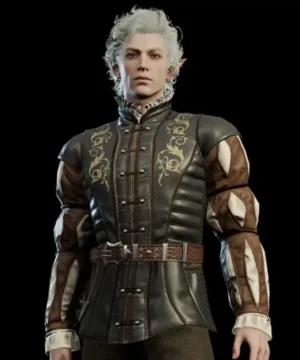 Baldur’s Gate 3 Astarion jacket in black leather with detailed vampire rogue design and cosplay style