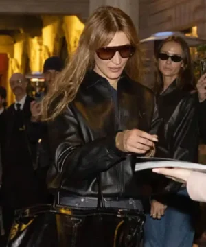 Milan Fashion Week Bella Hadid black leather jacket trendy celebrity street style coat