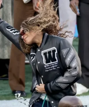 Celebrity kids fashion Blue Ivy Carter Super Bowl LX varsity jacket showcasing premium embroidered details and relaxed fit