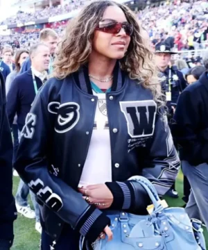 Celebrity kids fashion Blue Ivy Carter Super Bowl LX varsity jacket showcasing premium embroidered details and relaxed fit
