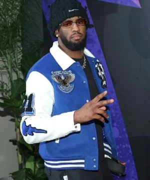 Blue varsity jacket with Brian Burns branding, modern fit, and iconic sporty fashion appeal