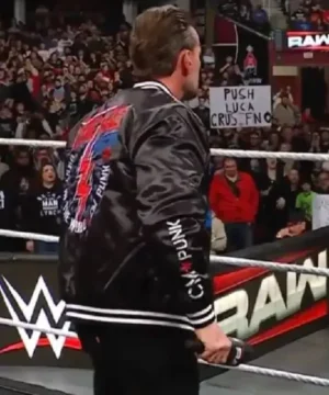 Black CM Punk bomber jacket with modern fit and bold graphic details for wrestling fan fashion