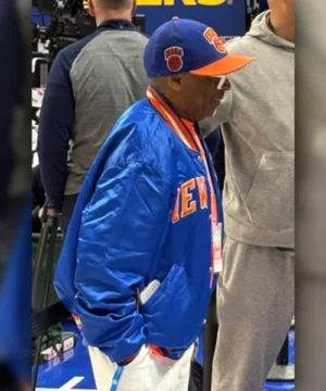 Celebrity-style Spike Lee Knicks jacket showcasing statement graphics and retro sportswear look