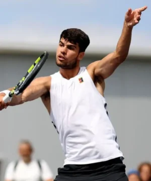 2025 Carlos Alcaraz white tank top with modern fit, breathable material, and professional tennis training style
