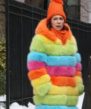 Carrie Preston Elsbeth S03 multicolor fur coat featuring bold TV-inspired design and luxurious outerwear styling