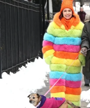 Celebrity-style Carrie Preston multicolor fur coat showcasing eye-catching pattern and contemporary TV show look