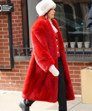 NYC 2026 Carrie Preston red faux fur coat with oversized lapel collar and luxurious winter fashion look.