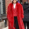 Carrie Preston NYC 2026 red fur coat – glamorous long faux fur winter coat inspired by Carrie Preston street style.
