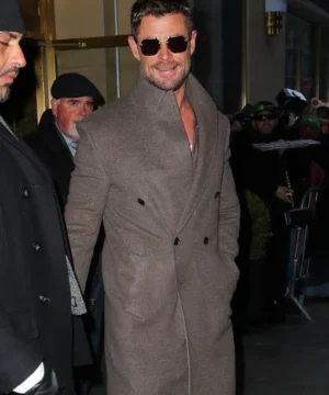 NYC Chris Hemsworth grey coat with tailored fit, premium fabric, and sophisticated urban fashion appeal