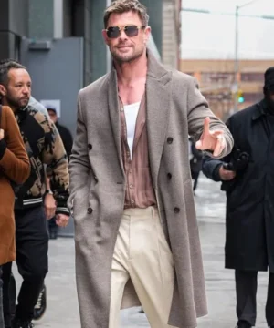 Chris Hemsworth NYC grey coat featuring a refined celebrity-inspired design and modern winter outerwear style