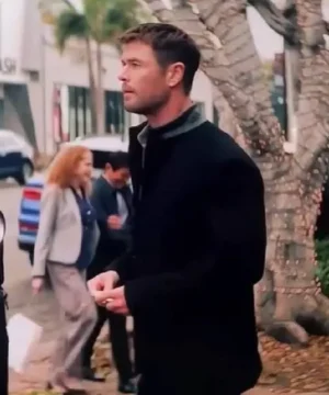 Crime 101 Chris Hemsworth black jacket sleek action film style jacket