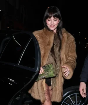 Dakota Johnson Paris Fashion Week fur coat, elegant celebrity-inspired luxury outerwear