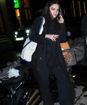 NYC Dove Cameron black long coat, elegant high-fashion celebrity coat