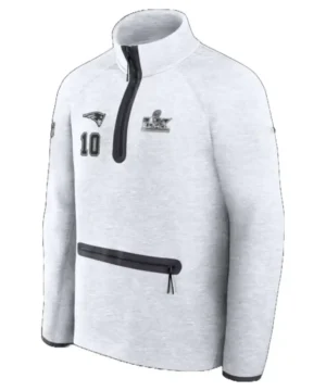 Official New England Patriots Drake Maye Super Bowl LX Opening Night half-zip pullover with team graphics and premium fleece