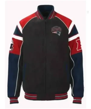 New England Patriots Drake Maye varsity jacket with multicolor wool body, leather sleeves, and modern athletic outerwear appeal