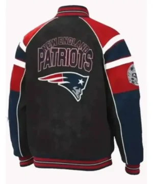Varsity style Drake Maye Patriots jacket showcasing embroidered “New England Patriots” text and classic ribbed cuffs and collar