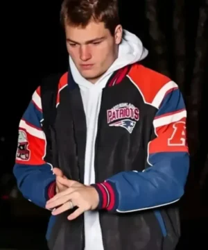 Drake Maye Patriots varsity jacket featuring classic New England team colors with bold embroidered logos and sporty design
