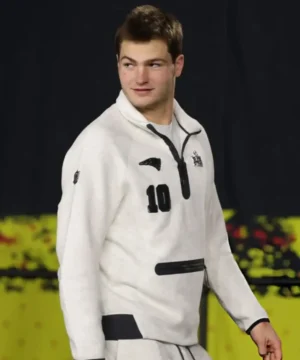 Drake Maye Super Bowl LX Opening Night half-zip sweatshirt featuring premium tech fleece, athletic fit, and NFL-inspired design