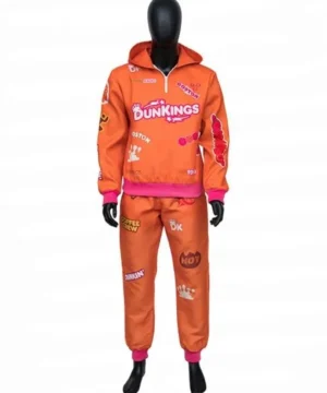 Ben Affleck wearing Dunkin’ DunKings tracksuit in Super Bowl commercial with premium casual pop culture outerwear